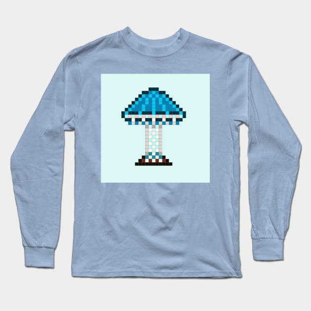 Pixie Parasol Mushroom Pixel Painting On Light Blue Background Long Sleeve T-Shirt by CozyPixelFluff